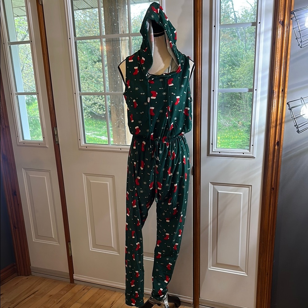 Stella Tweed Green Hooded Jumpsuit with Stocking Print